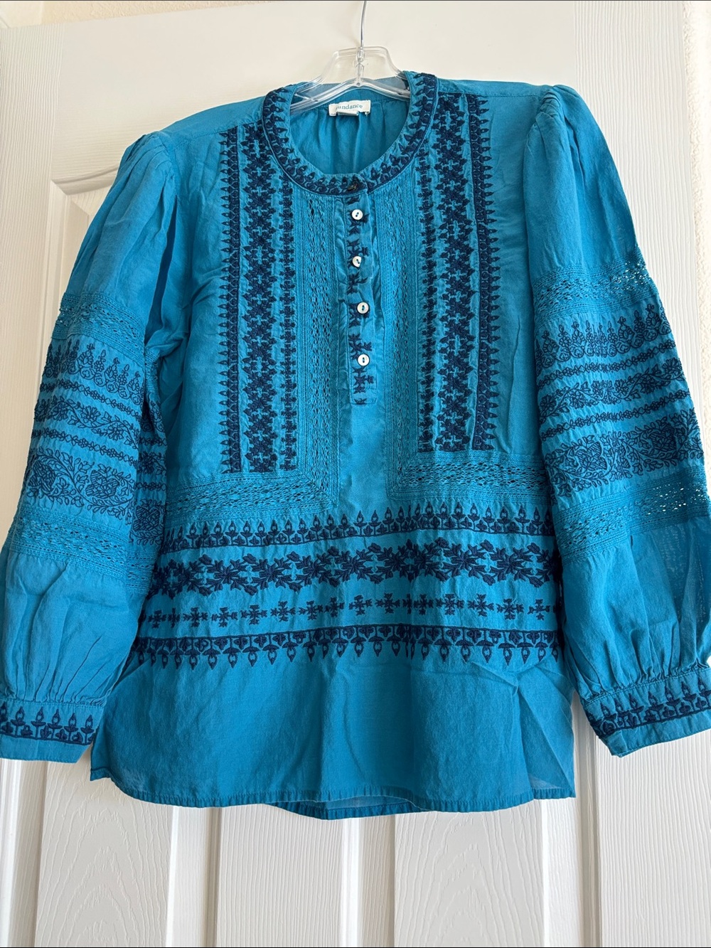 Sundance Teal Blue Embroidered Peasant Blouse
